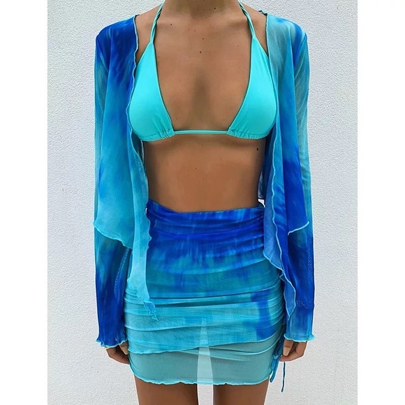Blue Cozumel Asymmetrical Bodycon Skirt Set Beach Festival Coverup Mini Coverup - Picture 6 of 14